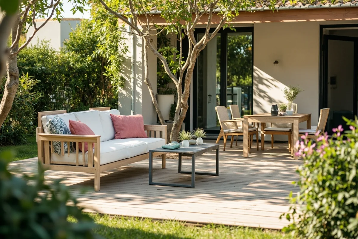 Terraza y muebles de exterior en un jardín