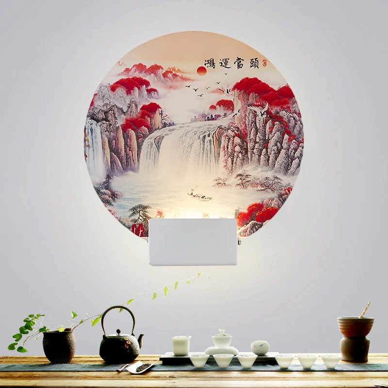Accesorio de iluminación de pared acrílico LED de estilo oriental con luz mural de montañ circular blanca para Todo Tipo d...