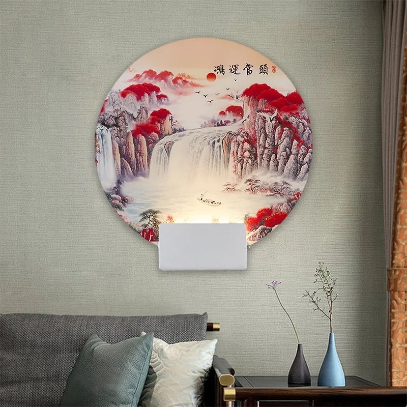 Accesorio de iluminación de pared acrílico LED de estilo oriental con luz mural de montañ circular blanca para Todo Tipo d...