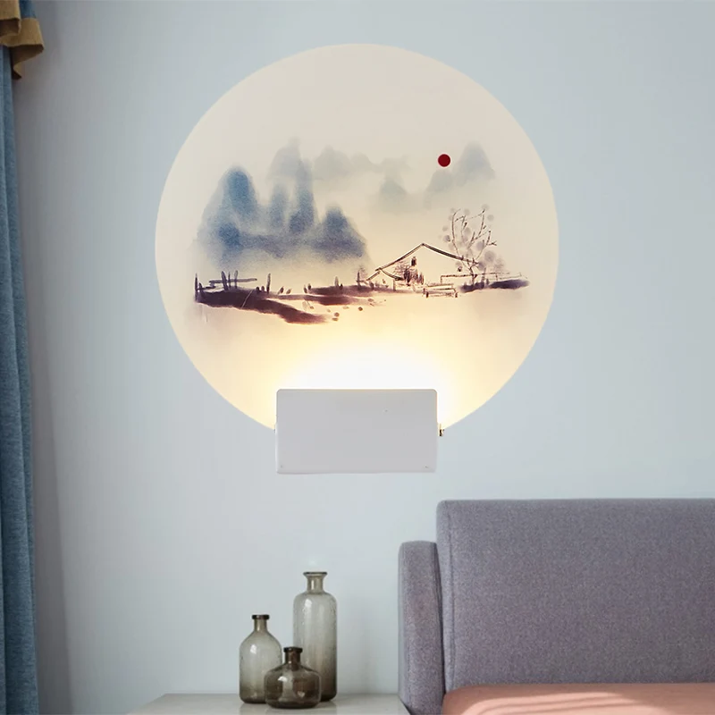 Accesorio de iluminación de pared acrílico LED de estilo oriental con luz mural de montañ circular blanca para Todo Tipo d...