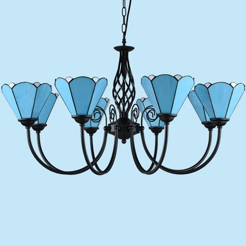 Cámara de Naturaleza Lámpara de arañ floral de cristal azul, lámpara de suspensión de techo negra mediterránea para sala d...