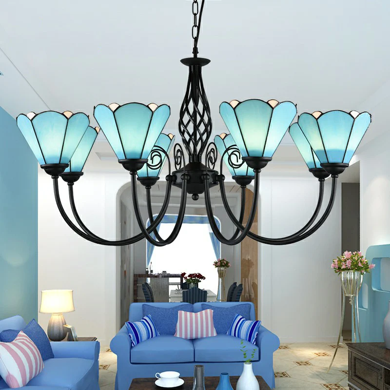 Cámara de Naturaleza Lámpara de arañ floral de cristal azul, lámpara de suspensión de techo negra mediterránea para sala d...