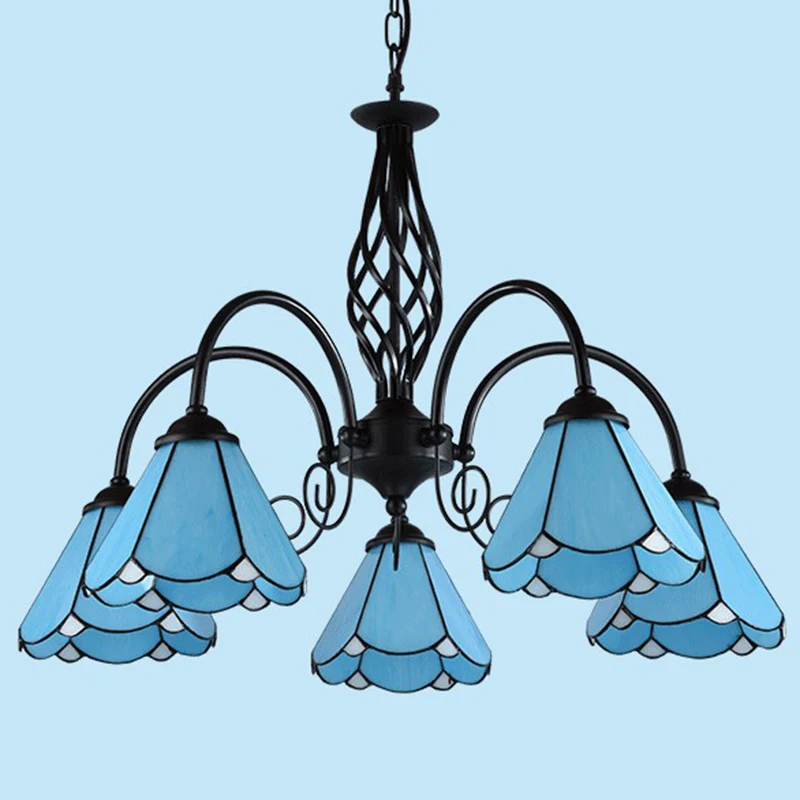 Cámara de Naturaleza Lámpara de arañ floral de cristal azul, lámpara de suspensión de techo negra mediterránea para sala d...
