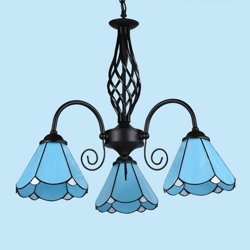 Cámara de Naturaleza Lámpara de arañ floral de cristal azul, lámpara de suspensión de techo negra mediterránea para sala d...