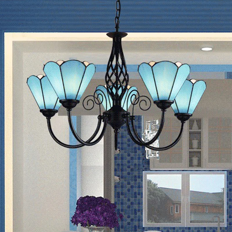 Cámara de Naturaleza Lámpara de arañ floral de cristal azul, lámpara de suspensión de techo negra mediterránea para sala d...