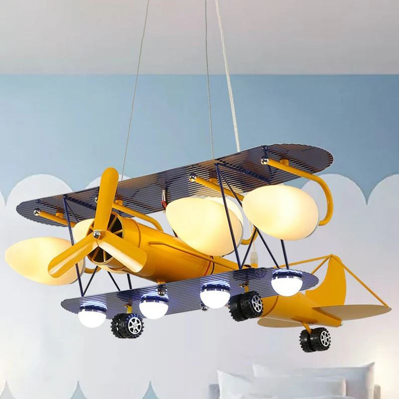Diseño Ecológico y Sostenible Lámpara colgante LED amarilla de dibujos animados de lámpara de arañ de avión reacción metál...