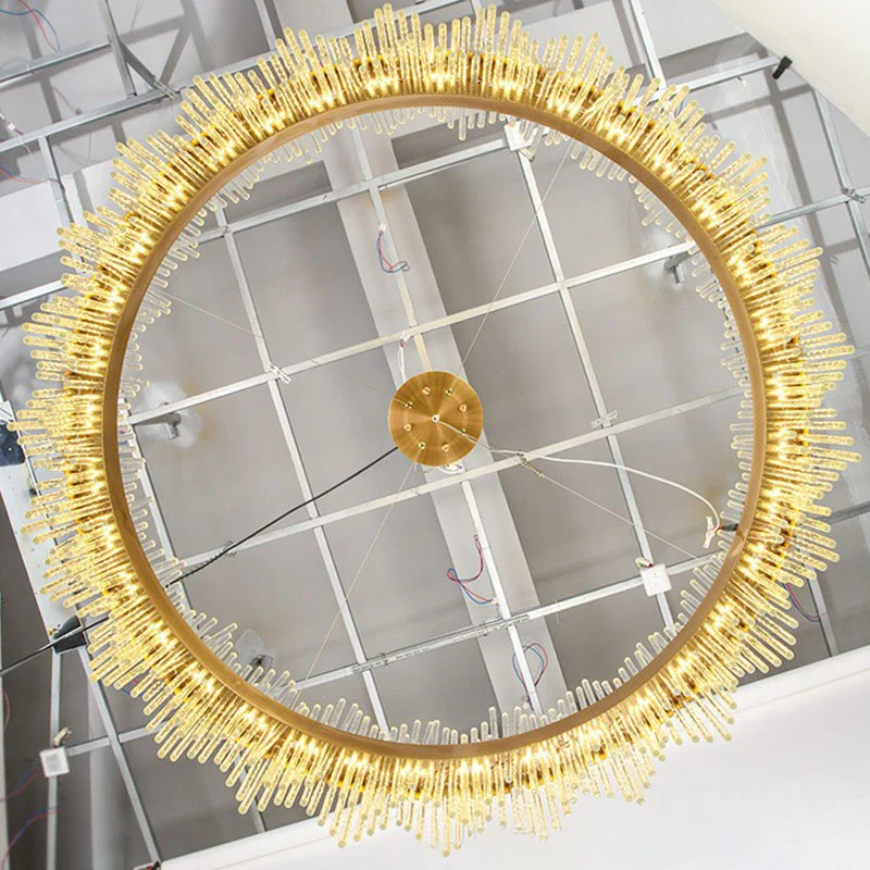 Iluminación de techo LED con varilla de cristal circular, lámpara de arañ de oro contemporáneo para sala de estar con Sopo...