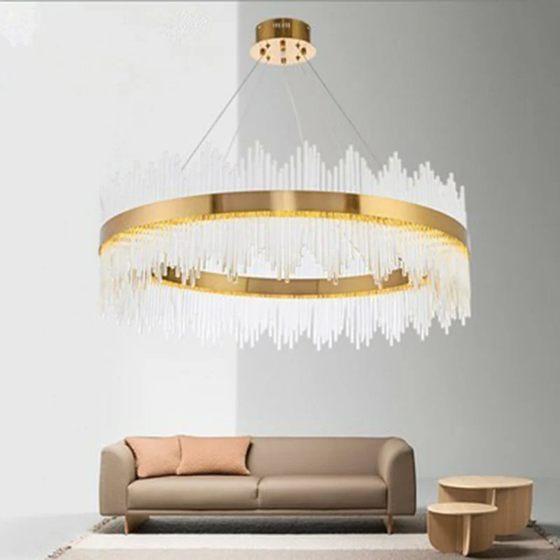 Iluminación de techo LED con varilla de cristal circular, lámpara de arañ de oro contemporáneo para sala de estar con Sopo...