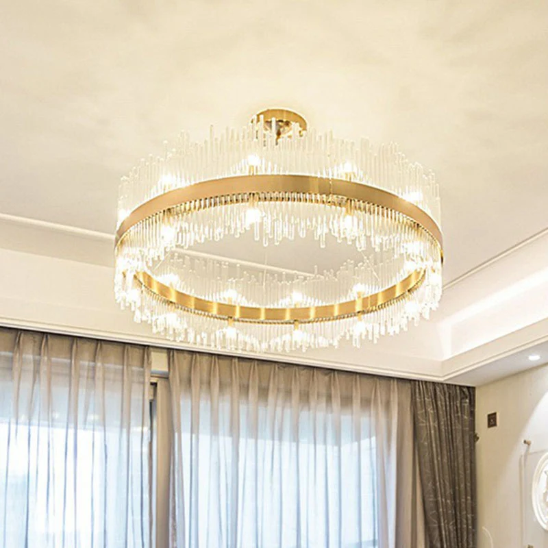 Iluminación de techo LED con varilla de cristal circular, lámpara de arañ de oro contemporáneo para sala de estar con Sopo...