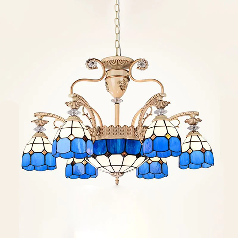 Lámpara de arañ con forma de cúpula barroca, 5/9/11 luces, accesorio de iluminación colgante de vidrio cortado en azul, 23...