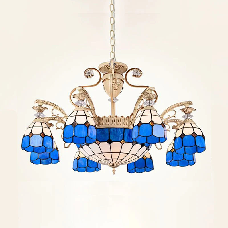 Lámpara de arañ con forma de cúpula barroca, 5/9/11 luces, accesorio de iluminación colgante de vidrio cortado en azul, 23...