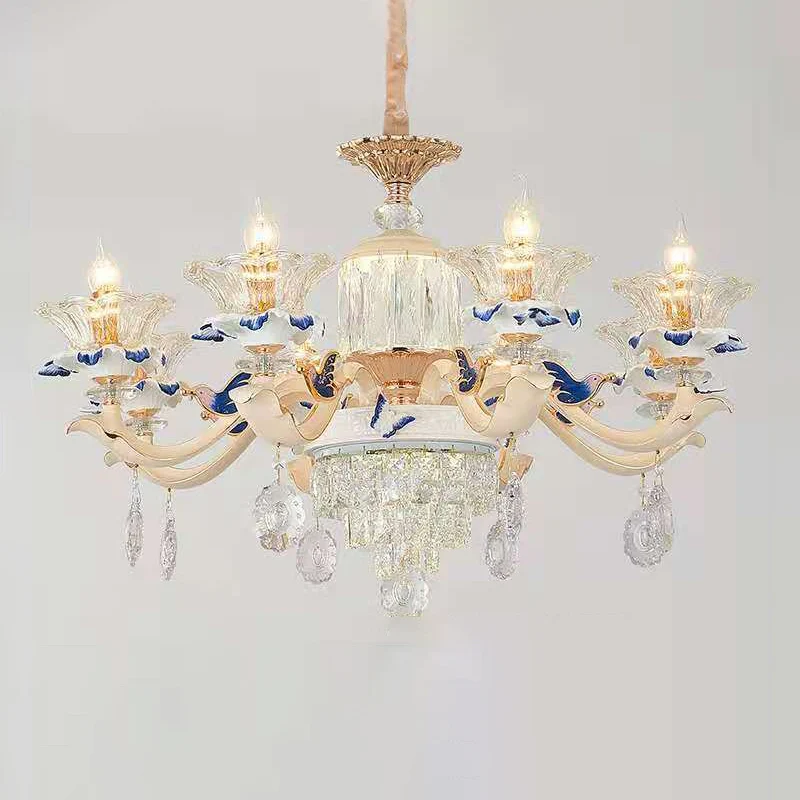 Lámpara de arañ floral con volantes color beige, lámpara colgante nostálgico de cristal facetado para sala de estar con de...