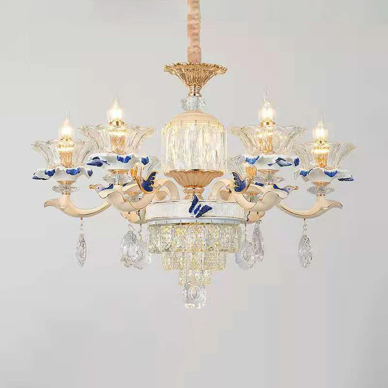 Lámpara de arañ floral con volantes color beige, lámpara colgante nostálgico de cristal facetado para sala de estar con de...