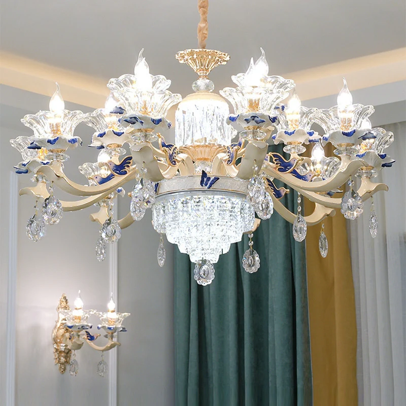 Lámpara de arañ floral con volantes color beige, lámpara colgante nostálgico de cristal facetado para sala de estar con de...