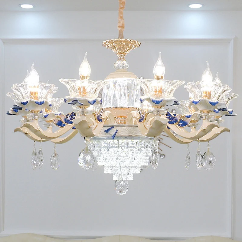 Lámpara de arañ floral con volantes color beige, lámpara colgante nostálgico de cristal facetado para sala de estar con de...