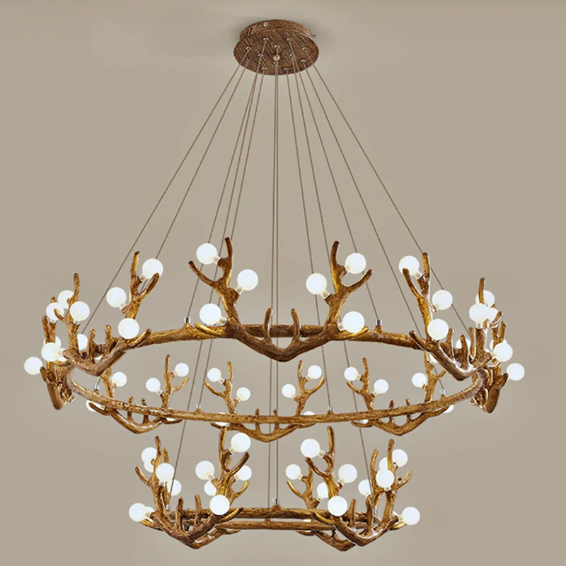 Lámpara de arañ LED marrón de resina Nostálgico con pantalla de cristal escarchado para sala de estar con asta Capacidad d...
