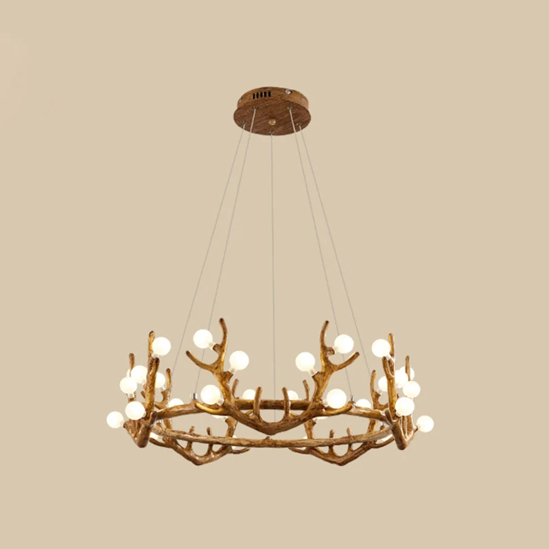 Lámpara de arañ LED marrón de resina Nostálgico con pantalla de cristal escarchado para sala de estar con asta Capacidad d...