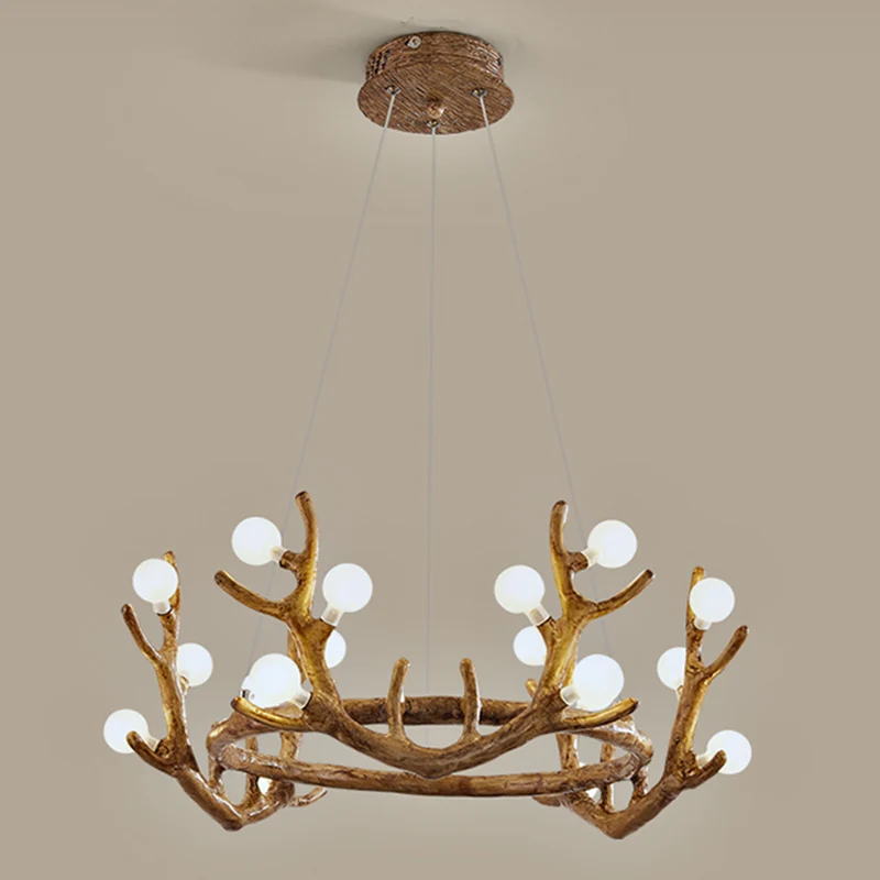 Lámpara de arañ LED marrón de resina Nostálgico con pantalla de cristal escarchado para sala de estar con asta Capacidad d...