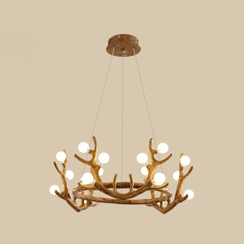Lámpara de arañ LED marrón de resina Nostálgico con pantalla de cristal escarchado para sala de estar con asta Capacidad d...