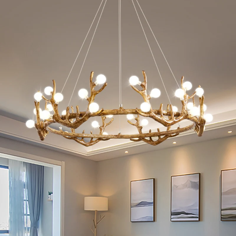 Lámpara de arañ LED marrón de resina Nostálgico con pantalla de cristal escarchado para sala de estar con asta Capacidad d...