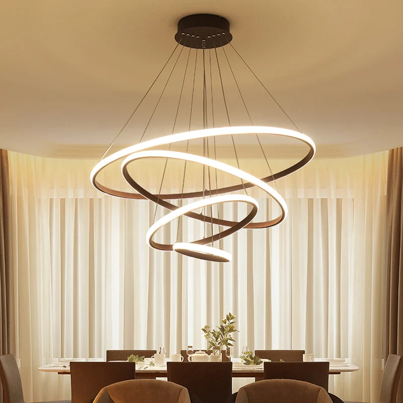 Lámpara de arañ marrón con múltiples anillos, acrílico innovador, 2/3/4 luces, colgante de techo LED para sala de estar en...
