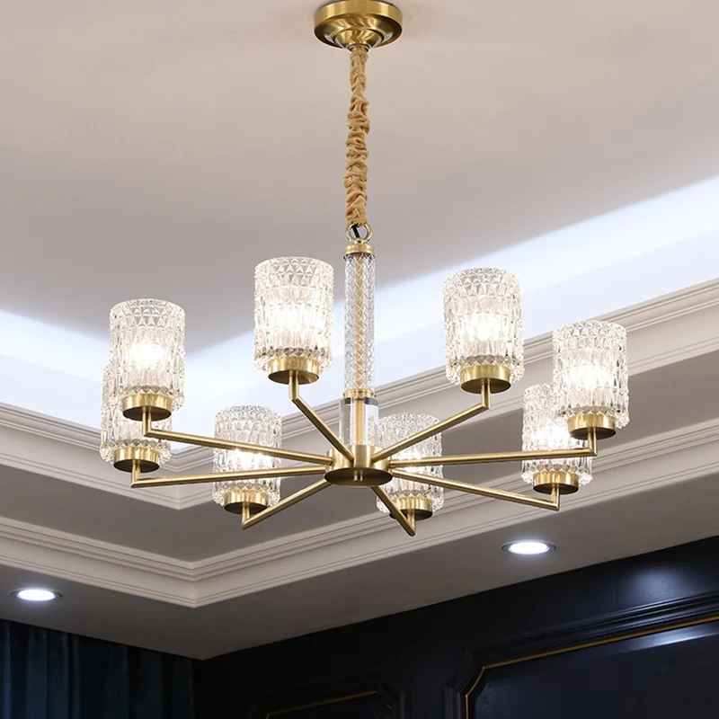 Lámpara colgante de arañ cilíndrica posmoderna, lámpara colgante de cristal biselado para sala de estar en oro con Garantí...