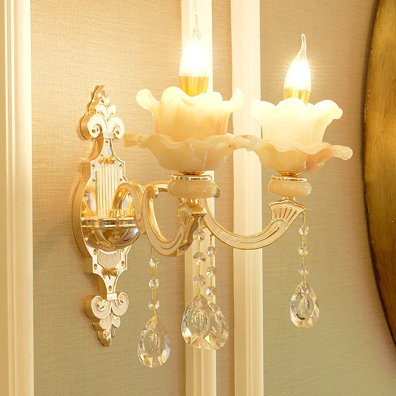 Lámpara de pared de jade con volantes, lámpara de pared para salón de estilo de época con detalles de cristal en oro Mater...