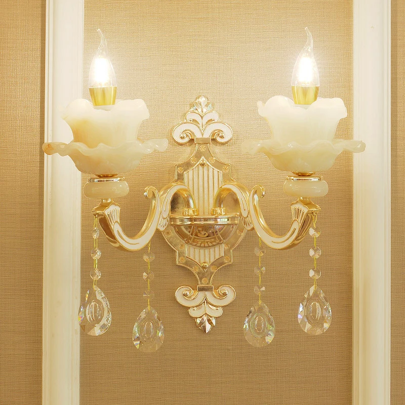 Lámpara de pared de jade con volantes, lámpara de pared para salón de estilo de época con detalles de cristal en oro Mater...