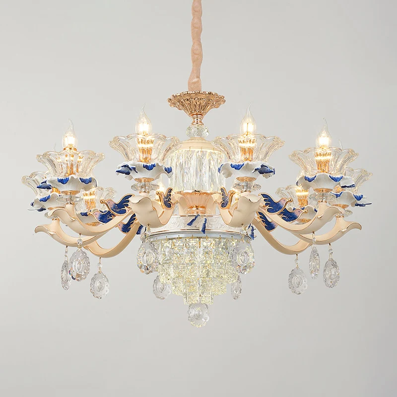 Luz de suspensión de vidrio acanalado con flores, lámpara de arañ de salón de estilo nostálgico con drapeado de cristal en...