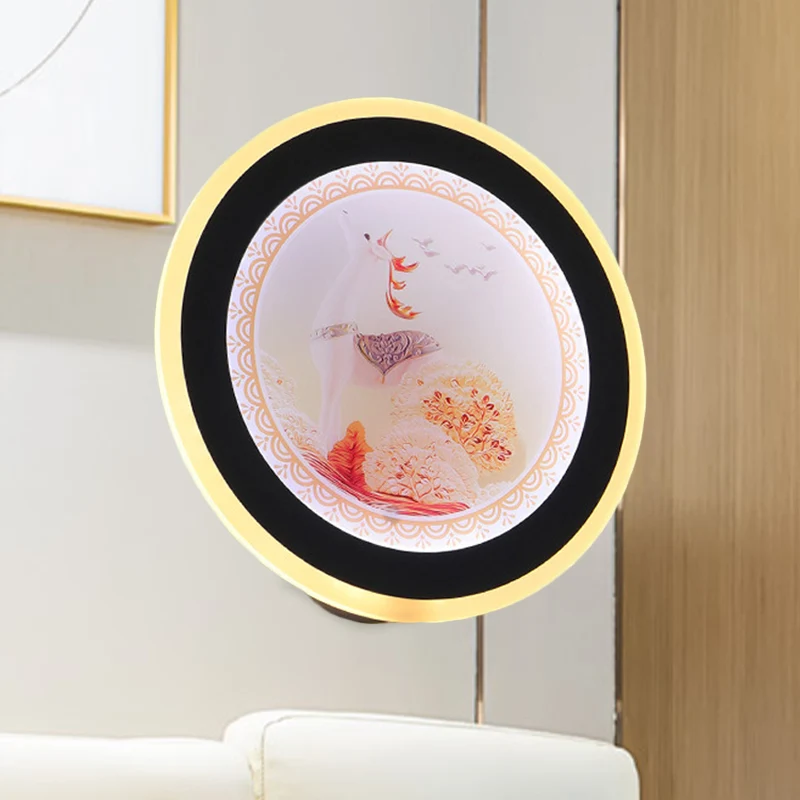 Mural de pared circular rosa/azul, luz LED de estilo asiático, idea de iluminación de pared acrílica con patrón de ciervo/...
