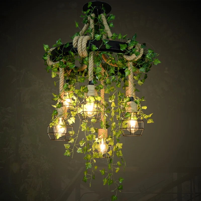 Lampadario gabbia filo di ferro Lampada sospensione de época da caffè con corda di canapa e pianta finta
