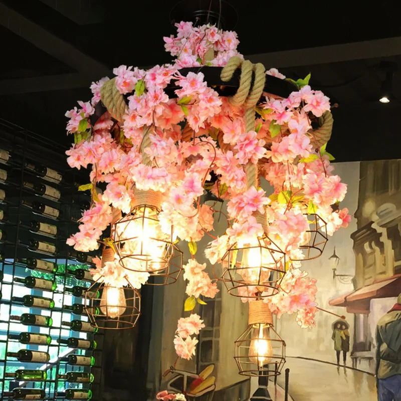 Lampadario gabbia filo di ferro Lampada sospensione de época da caffè con corda di canapa e pianta finta
