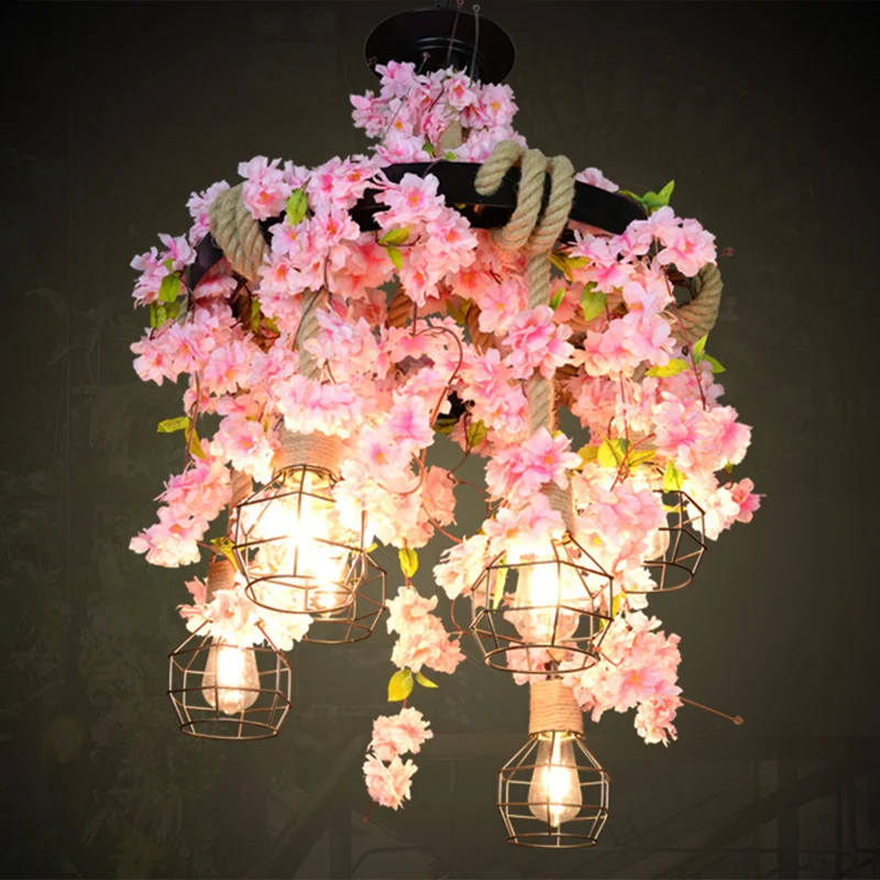 Lampadario gabbia filo di ferro Lampada sospensione de época da caffè con corda di canapa e pianta finta