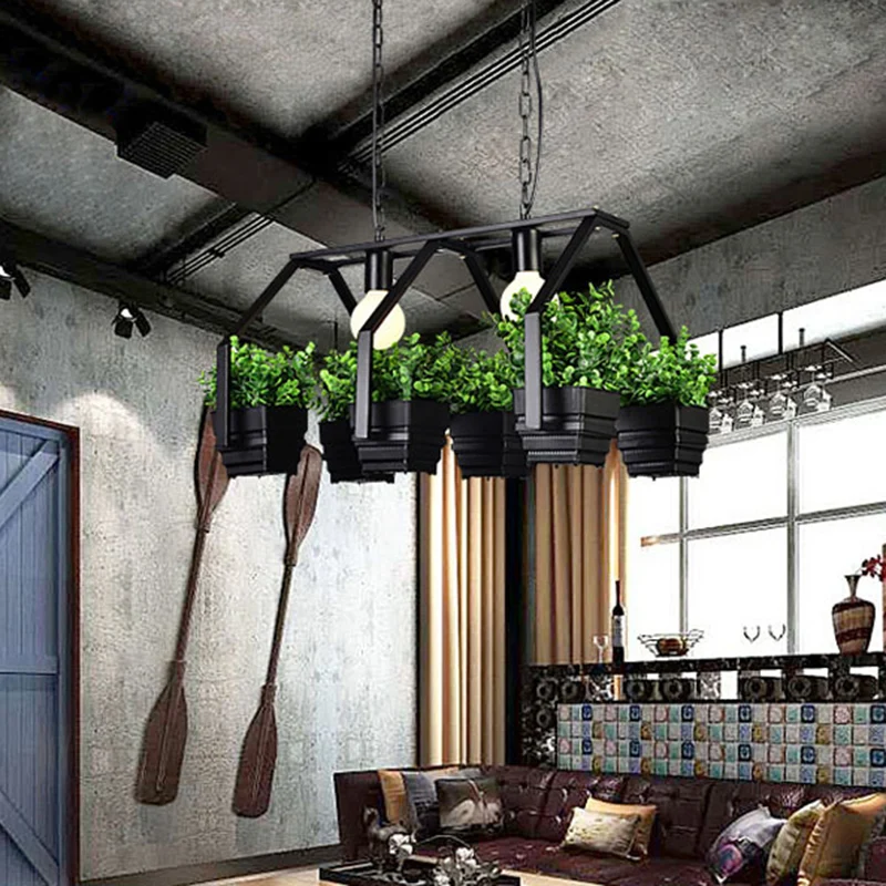 Lámpara colgante de planta en maceta de acero retro con 2 luces en blanco y negro para restaurante Blanco