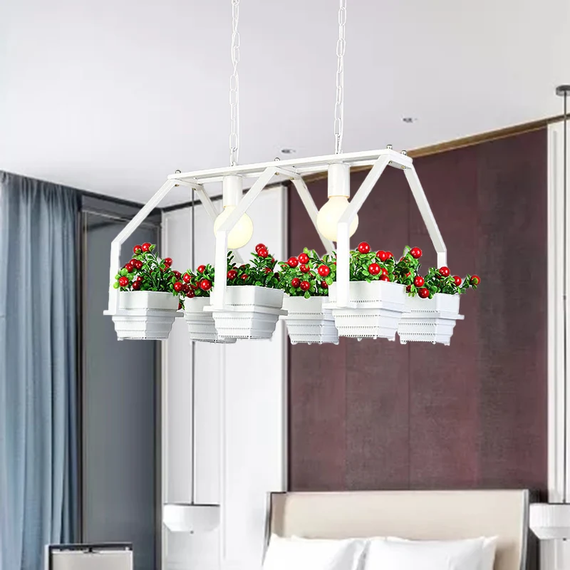 Lámpara colgante de planta en maceta de acero retro con 2 luces en blanco y negro para restaurante Blanco