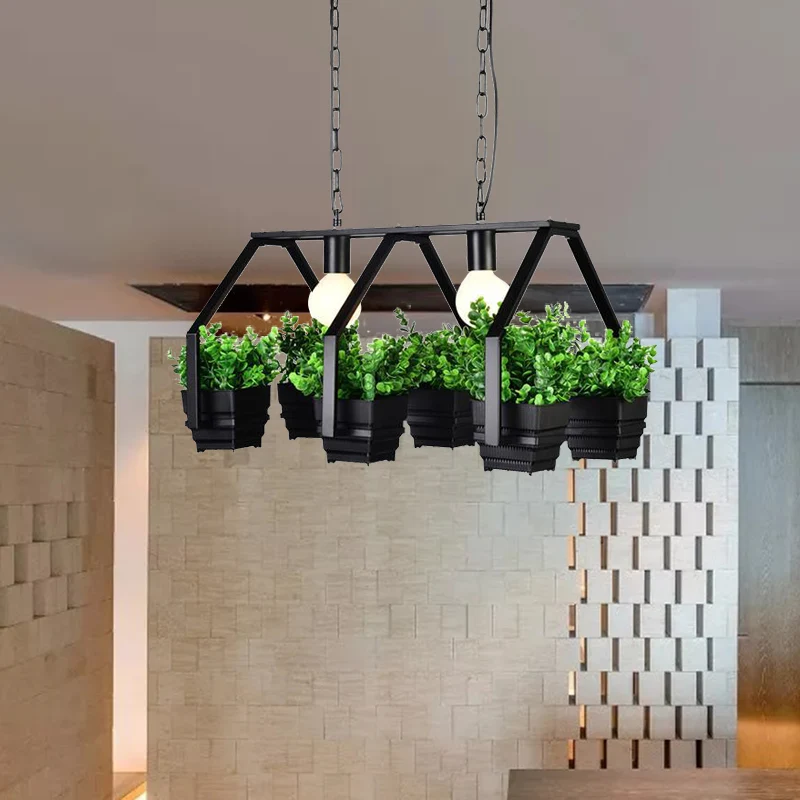 Lámpara colgante de planta en maceta de acero retro con 2 luces en blanco y negro para restaurante Blanco
