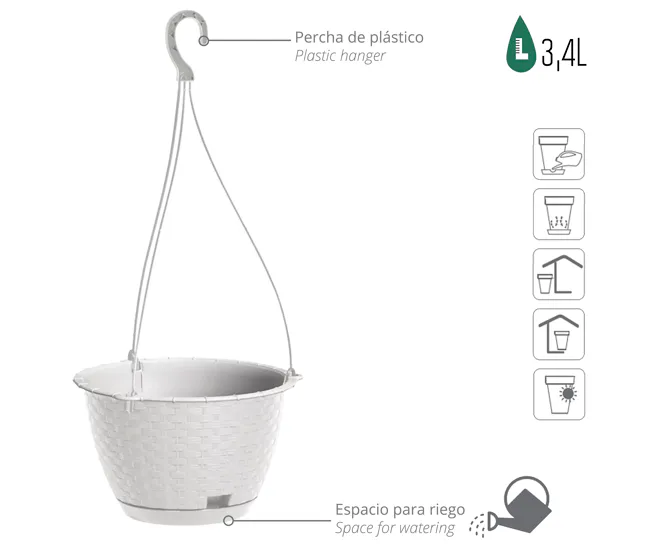 Macetero Colgante Ratolla Round W 3,4L., Dimensiones (Mm) 217X217X142, Color Blanco