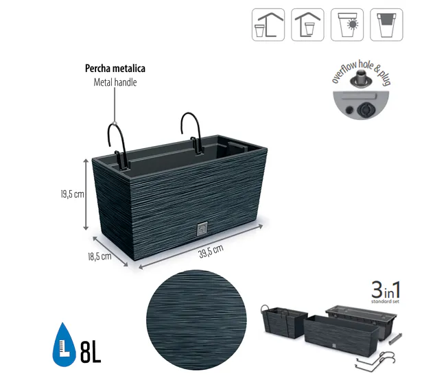 Macetero color antracita, con depósito y ganchos para colgar, colección FURU, de 39,5 x 18,5 x 19,5 cm, capacidad de 8 L.