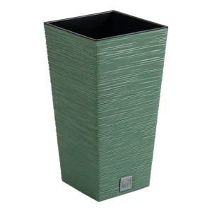 Macetero color verde tierra, con depósito, colección FURU, de 29,5 x 29,5 x 55 cm, capacidad de 14 L. (Set de 3)