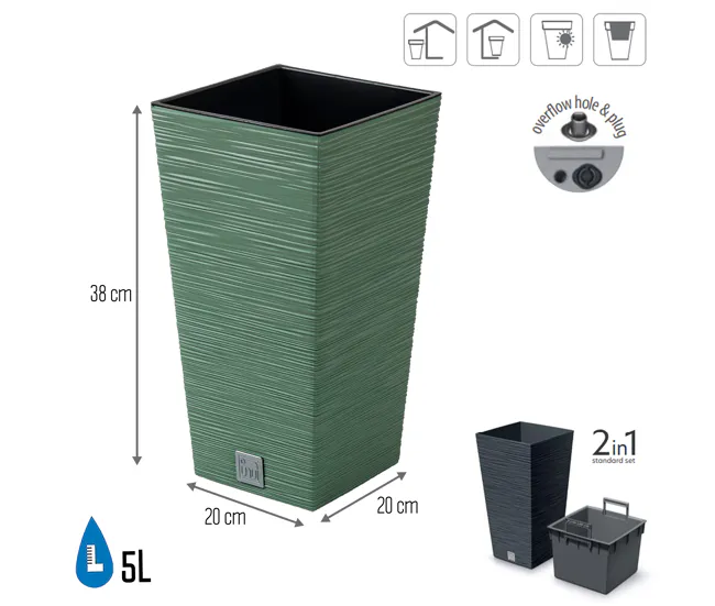 Macetero color verde tierra, con depósito, colección FURU, de 20 x 20 x 38 cm, capacidad de 5 L. para Cultivo de Hierbas