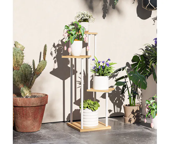Outsunny Estanterí para Plantas de 4 Niveles Soporte para Plantas de Madera y Acero con 4 Estantes Cuadrados Soporte para...
