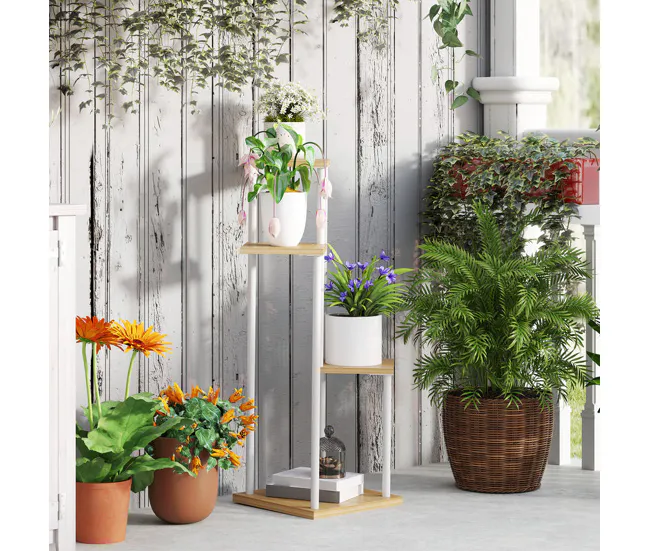 Outsunny Estanterí para Plantas de 4 Niveles Soporte para Plantas de Madera y Acero con 4 Estantes Cuadrados Soporte para...