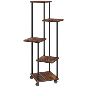 Outsunny Estanterí para Plantas de 5 Niveles Soporte para Plantas de Madera y Acero con 5 Estantes Cuadradas y 4 Ruedas So...