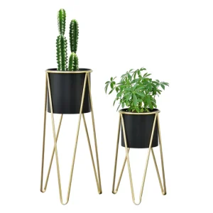 Set de 2x soportes para plantas Hedera acero 48 x 25 x 25 cm y 70,5 x 32 x 32 cm - Dorado y Negro
