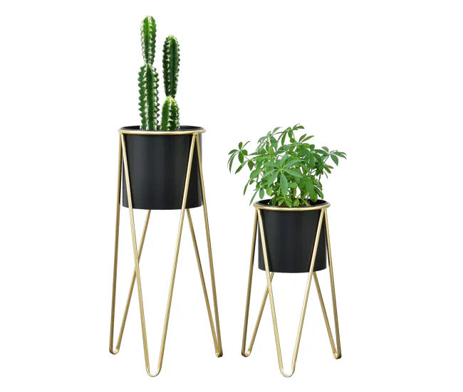 Set de 2x soportes para plantas Hedera acero 48 x 25 x 25 cm y 70,5 x 32 x 32 cm - Dorado y Negro