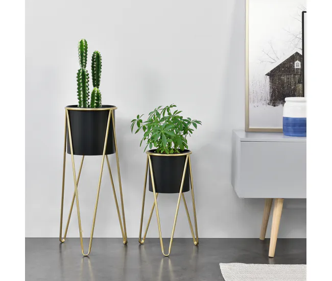 Set de 2x soportes para plantas Hedera acero 48 x 25 x 25 cm y 70,5 x 32 x 32 cm - Dorado y Negro