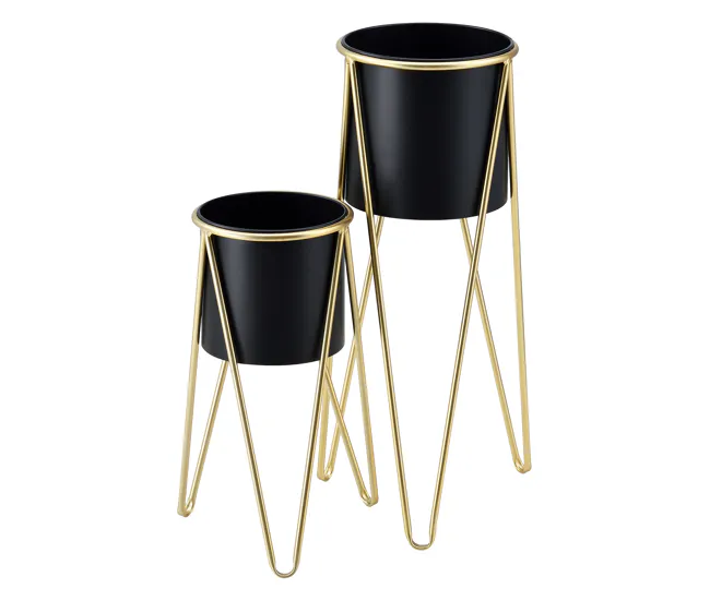 Set de 2x soportes para plantas Hedera acero 48 x 25 x 25 cm y 70,5 x 32 x 32 cm - Dorado y Negro