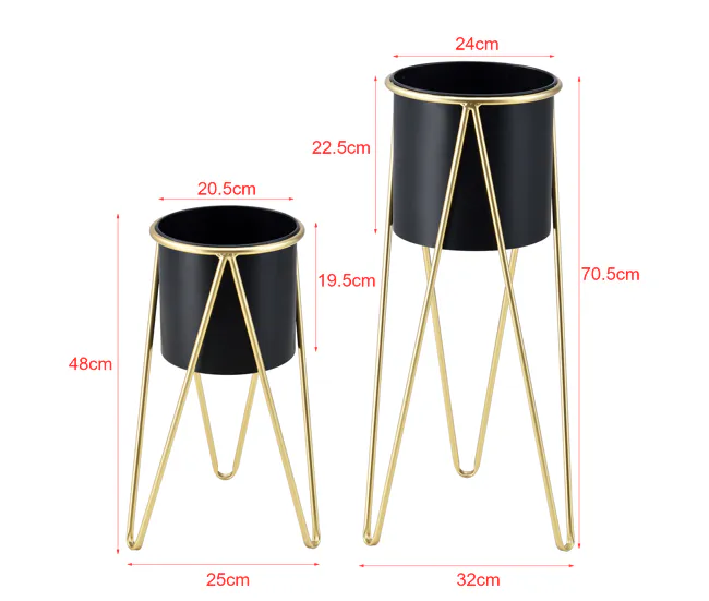 Set de 2x soportes para plantas Hedera acero 48 x 25 x 25 cm y 70,5 x 32 x 32 cm - Dorado y Negro