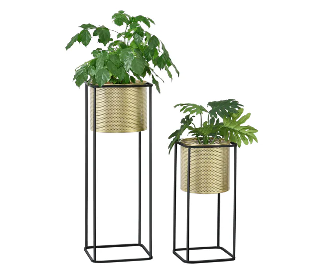 Set de 2x soportes para plantas Mettet - metálico 46 x 21 x 21 cm y 70 x 25 x 25 cm Negro y Dorado