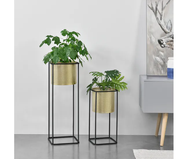 Set de 2x soportes para plantas Mettet - metálico 46 x 21 x 21 cm y 70 x 25 x 25 cm Negro y Dorado